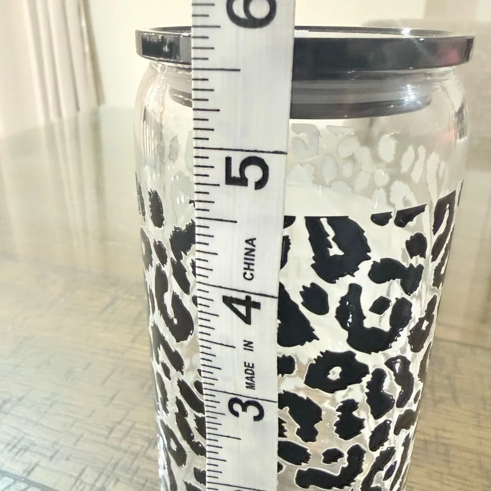 Handmade glass 16 ounce Motivational Leopard cup Tumbler black gift extra lid